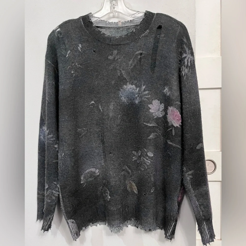 R13 distressed cashmere floral boyfriend sweater - Picture 3 of 9